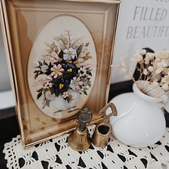 Vintage Shadow Box Rock Floral Wall Art with Blue, Pink, Navy, Green, Ivory - Picture 3 of 5